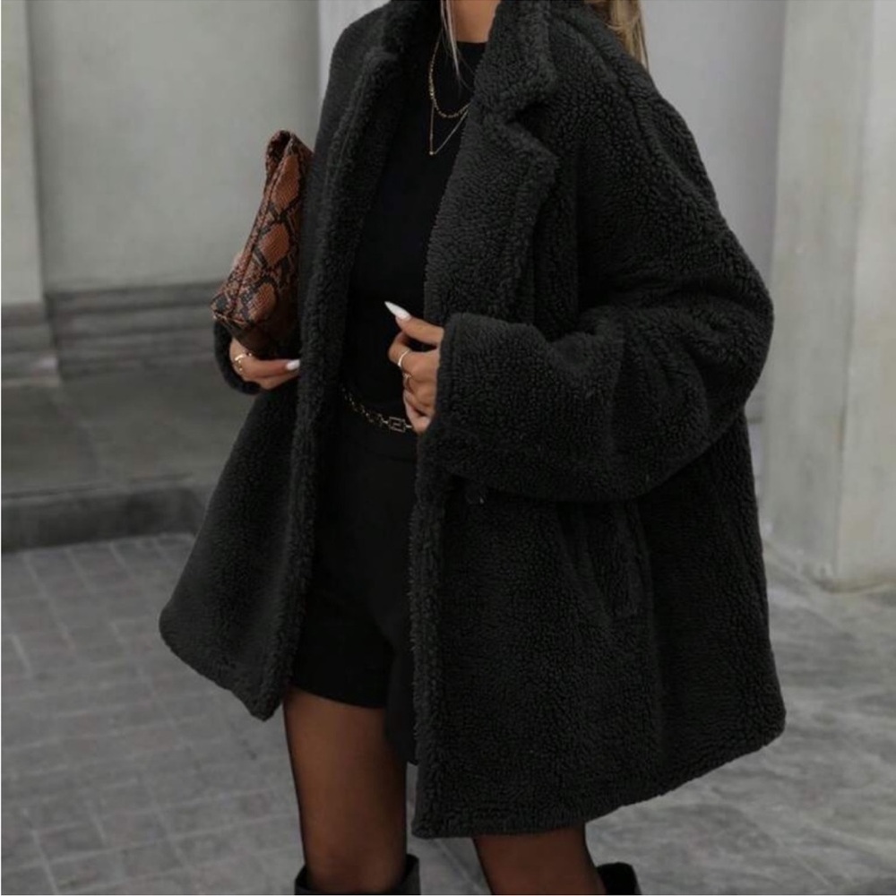 Luxe Black Teddy Sherpa Button Up Oversized Jacket Coat S M L